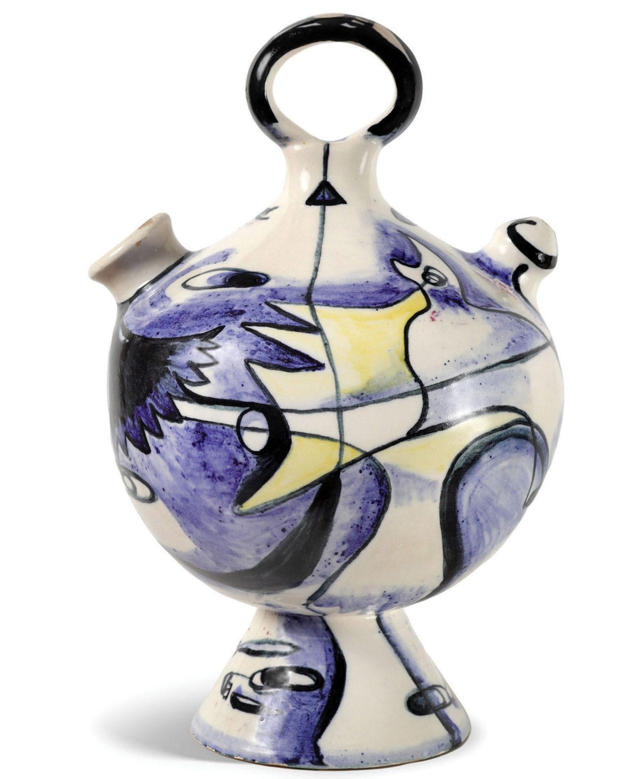 artist | artista Mariano RodrÃ­guez (1912â  90) 
ceramicist | ceramista Juan Miguel RodrÃ­guez de la Cruz (1902â  90)
Water Jug with Abstract Roosters | PorrÃ³n con gallos abstractos, 1952
painted ceramic | cerÃ¡mica pintada, Latin Art Core 
